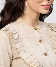Ruffled yoke with open center placket top with pleated sleeves and Madarin collar