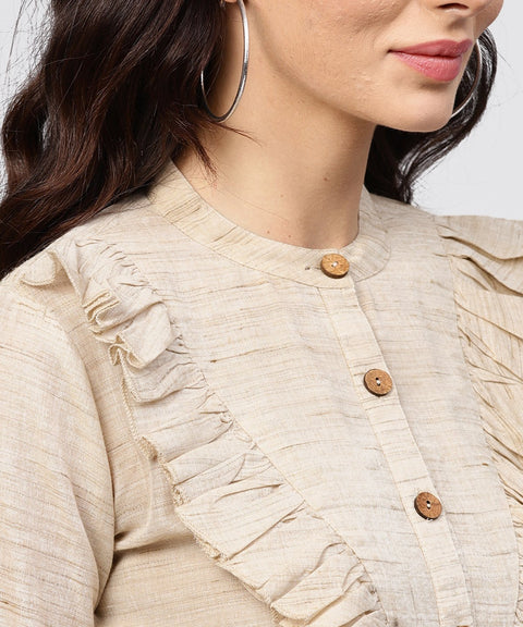 Ruffled yoke with open center placket top with pleated sleeves and Madarin collar