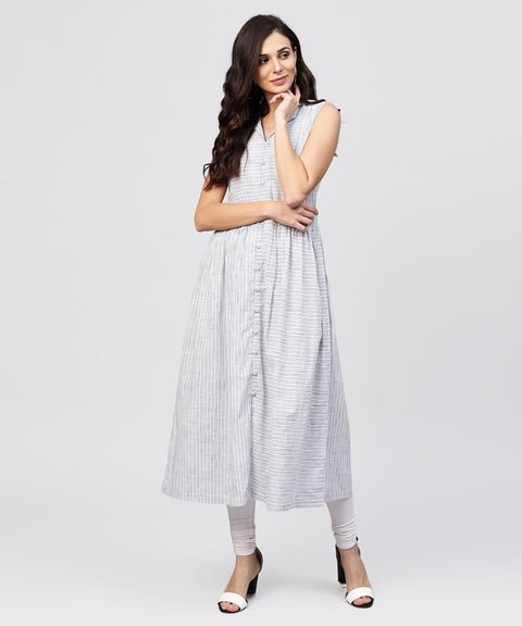 White striped kurta with yoke and Notched neck line