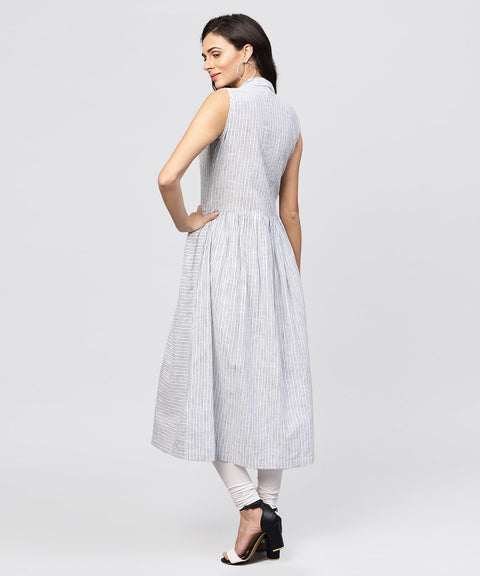 White striped kurta with yoke and Notched neck line