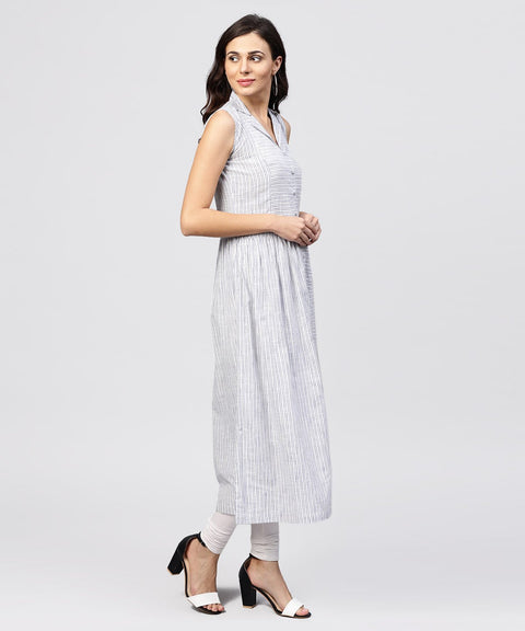 White striped kurta with yoke and Notched neck line