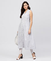 White striped kurta with yoke and Notched neck line