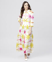 Multi tie and dyed shirt Collar maxi dress with box pleats and 3/4 sleeves