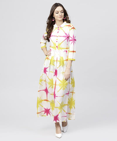 Multi tie and dyed shirt Collar maxi dress with box pleats and 3/4 sleeves
