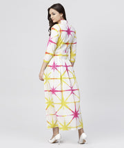 Multi tie and dyed shirt Collar maxi dress with box pleats and 3/4 sleeves