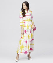 Multi tie and dyed shirt Collar maxi dress with box pleats and 3/4 sleeves
