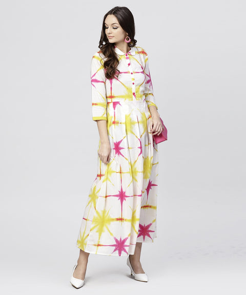 Multi tie and dyed shirt Collar maxi dress with box pleats and 3/4 sleeves