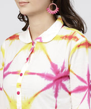 Multi tie and dyed shirt Collar maxi dress with box pleats and 3/4 sleeves