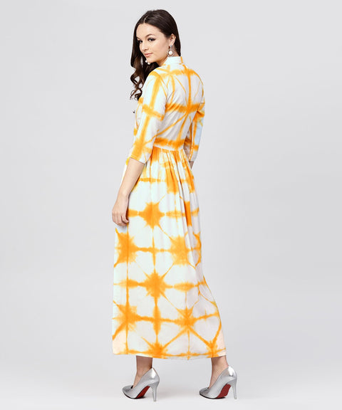 Multi tie and dyed shirt Collar maxi dress with box pleats and 3/4 sleeves