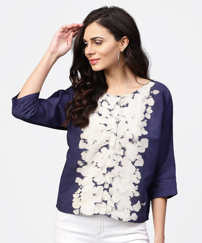 Round neck Tie & dye multi colored top with front placket and 3/4 sleeves