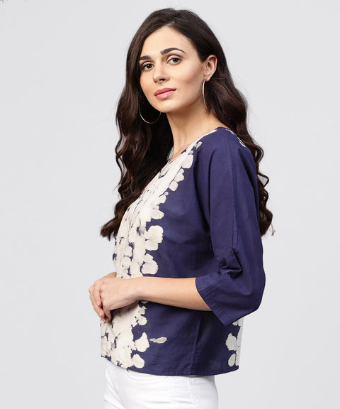 Round neck Tie & dye multi colored top with front placket and 3/4 sleeves