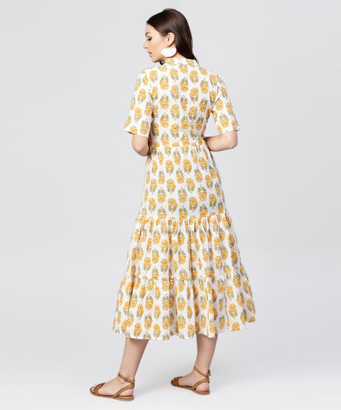Madarin collar Tiered Printed dress with front placket and half sleeves