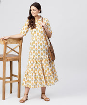 Madarin collar Tiered Printed dress with front placket and half sleeves