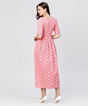 Pink printed dress with round neck and half sleeves