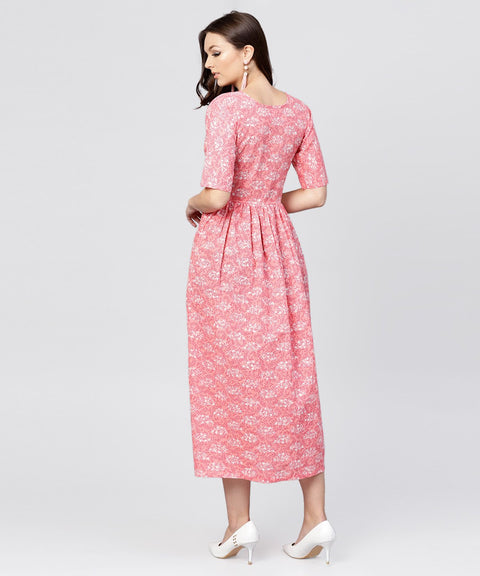 Pink printed dress with round neck and half sleeves