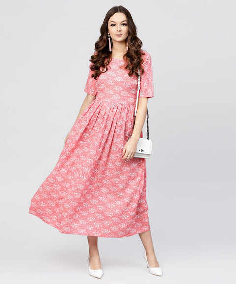 Pink printed dress with round neck and half sleeves
