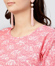 Pink printed dress with round neck and half sleeves