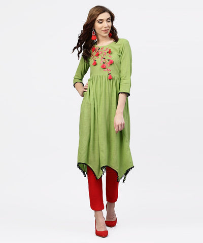 Parrot green Embroidered A-line Kurta with  round neck and 3/4 sleeves