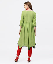 Parrot green Embroidered A-line Kurta with  round neck and 3/4 sleeves