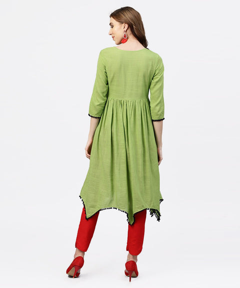 Parrot green Embroidered A-line Kurta with  round neck and 3/4 sleeves