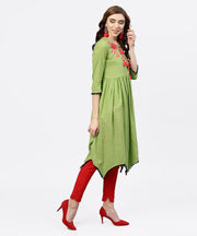 Parrot green Embroidered A-line Kurta with  round neck and 3/4 sleeves
