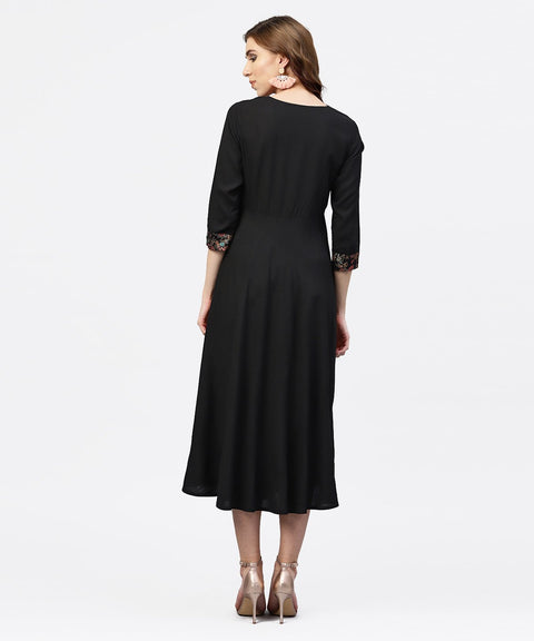 Black printed Maxi dress with Round neck and full sleeves