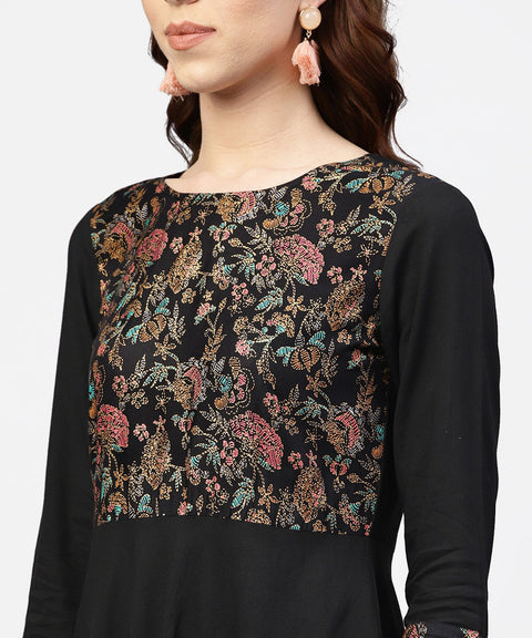 Black printed Maxi dress with Round neck and full sleeves