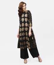 Black and gold Printed Kurta with Round neck and full sleeves