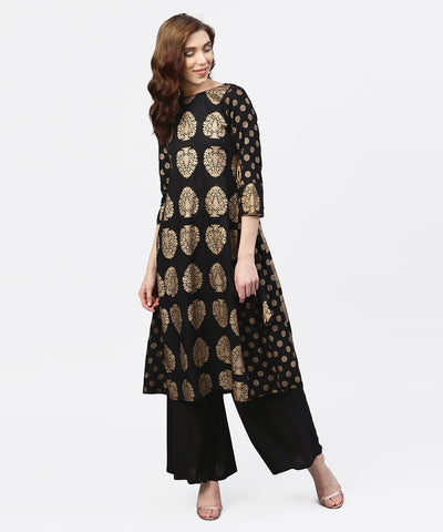 Black and gold Printed Kurta with Round neck and full sleeves