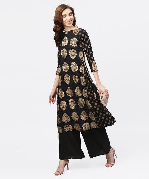 Black and gold Printed Kurta with Round neck and full sleeves
