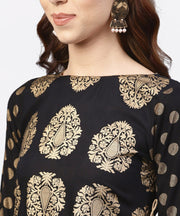 Black and gold Printed Kurta with Round neck and full sleeves