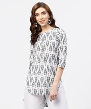 Off White Printed long top with Front Placket and 3/4 sleeves