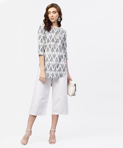 Off White Printed long top with Front Placket and 3/4 sleeves