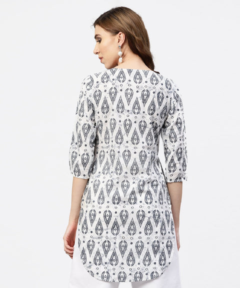 Off White Printed long top with Front Placket and 3/4 sleeves