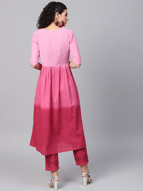 Pink Ombre dyed half sleeve A-line kurta with pink ankle length palazzo