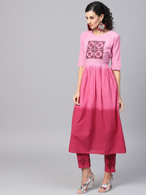 Pink Ombre dyed half sleeve A-line kurta with pink ankle length palazzo