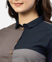 Grey and Blue Color Blocking A-Line Dress with Shirt collar and Half sleeves