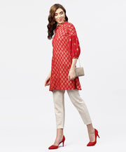 Red Printed Short kurta with key hole neck and 3/4 sleeves