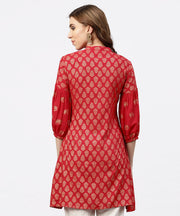 Red Printed Short kurta with key hole neck and 3/4 sleeves