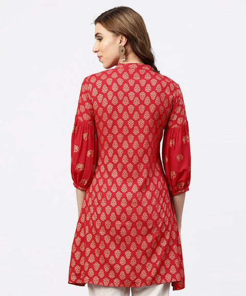 Red Printed Short kurta with key hole neck and 3/4 sleeves