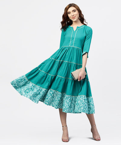Turquiose Blue tiered dress with Round Neck and 3/4 sleeves