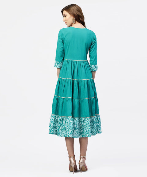 Turquiose Blue tiered dress with Round Neck and 3/4 sleeves