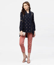 Navy Blue Printed full sleeve tunic with Madarin Collar