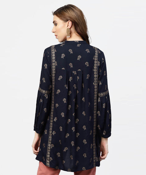 Navy Blue Printed full sleeve tunic with Madarin Collar