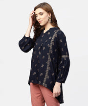Navy Blue Printed full sleeve tunic with Madarin Collar
