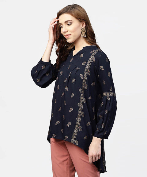 Navy Blue Printed full sleeve tunic with Madarin Collar