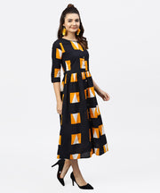 Black Round neck Printed dress with Front Placket and 3/4 sleeves