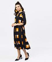 Black Round neck Printed dress with Front Placket and 3/4 sleeves