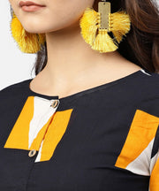 Black Round neck Printed dress with Front Placket and 3/4 sleeves