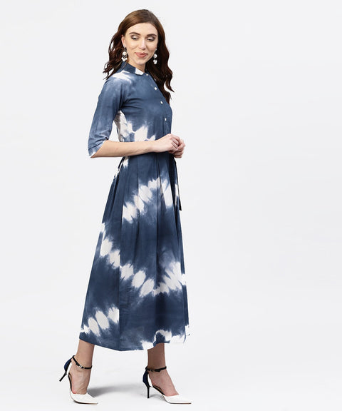 Navy blue 3/4th sleeve tie dye printed cotton A-line maxi dress with belt